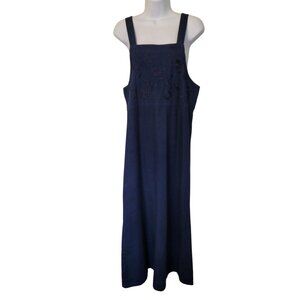Baccini M Blue Jean Denim Embroidered Maxi Pinafore Jumper Dress Sleeveless Squa